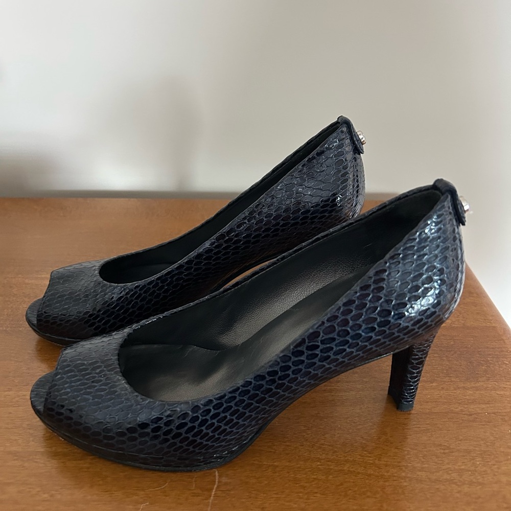 Stuart Weitzman Navy Textured Peep-Toe Heels